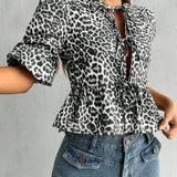 Camisa con estampado de leopardo y lazo en la parte frontal para mujer, para uso casual