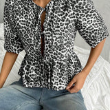 Camisa con estampado de leopardo y lazo en la parte frontal para mujer, para uso casual