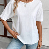 SHEIN LUNE Camisa blanca de lino y algodon para mujer, comoda, casual y sencilla con manga media, ideal para otono