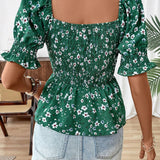 Blusa de volantes con mangas abullonadas y estampado floral para las vacaciones de verano