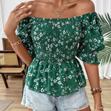 Blusa de volantes con mangas abullonadas y estampado floral para las vacaciones de verano