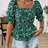 Blusa de volantes con mangas abullonadas y estampado floral para las vacaciones de verano