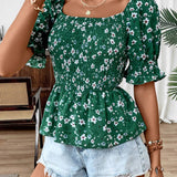 Blusa de volantes con mangas abullonadas y estampado floral para las vacaciones de verano