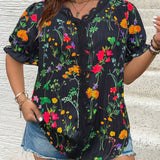 Blusa de verano de a grande con estampado floral, parche de encaje y mangas cortas con cuello en V