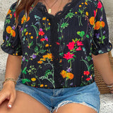 Blusa de verano de a grande con estampado floral, parche de encaje y mangas cortas con cuello en V