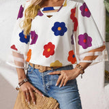 Blusa casual de mujer con estampado floral y parche de malla con cuello en V y mangas acampanadas 3/4