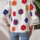 Blusa casual de mujer con estampado floral y parche de malla con cuello en V y mangas acampanadas 3/4