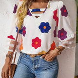 Blusa casual de mujer con estampado floral y parche de malla con cuello en V y mangas acampanadas 3/4