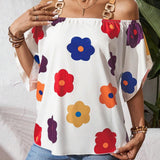 Camisa de mujer de ajuste holgado con hombros descubiertos y estampado floral