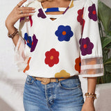 Blusa casual de mujer con estampado floral y parche de malla con cuello en V y mangas acampanadas 3/4