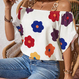 Camisa de mujer de ajuste holgado con hombros descubiertos y estampado floral