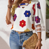 Blusa casual de mujer con estampado floral y parche de malla con cuello en V y mangas acampanadas 3/4