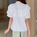 EastFlair Blusa de diseno partido para mujer con cuello doblado casual, doble capa con borde de volantes en mangas cortas