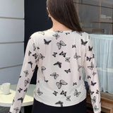 Petite Plus Camiseta de mujer con cuello redondo, manga larga, con mariposas lindas, a la a, dulces, elegantes y virtuosas