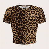 Camiseta informal de a grande con estampado de leopardo, cuello redondo, manga corta y ajuste cenido al Body para mujeres