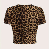 Camiseta informal de a grande con estampado de leopardo, cuello redondo, manga corta y ajuste cenido al Body para mujeres