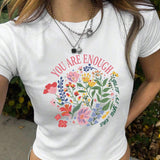 Camiseta de manga corta casual de verano para mujer con estampado floral y de eslogan