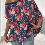 Camisa de manga murcielago con cuello asimetrico y estampado floral para mujer en verano