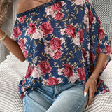 Camisa de manga murcielago con cuello asimetrico y estampado floral para mujer en verano