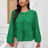 Camisa verde para mujer de a grande con lazada frontal y mangas de longitud media