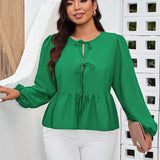 Camisa verde para mujer de a grande con lazada frontal y mangas de longitud media