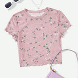 Camisa de malla con estampado floral pequeno morado transparente y manga corta con borde ondulado para vacaciones de verano en as grandes de mujer