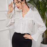 SHEIN Mulvari Top largo texturizado de manga larga para mujer con lazo frontal plisado de encaje, simple y casual, perfecto para vacaciones