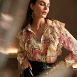 Anewsta Camisa de seda con estampado floral romantico arrugado, estilo de vacaciones para mujeres