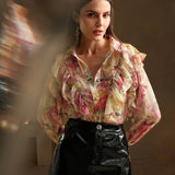 Anewsta Camisa de seda con estampado floral romantico arrugado, estilo de vacaciones para mujeres