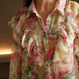 Anewsta Camisa de seda con estampado floral romantico arrugado, estilo de vacaciones para mujeres