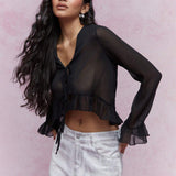 MISSGUIDED Blusa corta con volantes y vuelo transparente en dobladillo y mangas