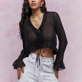 MISSGUIDED Blusa corta con volantes y vuelo transparente en dobladillo y mangas