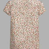 Camiseta de manga corta con cuello redondo y plisado con estampado floral pequeno, perfecta para vacaciones informales