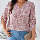 Camisa de a grande para mujer con estampado aleatorio y cuello en V