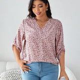 Camisa de a grande para mujer con estampado aleatorio y cuello en V