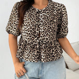 Camisa de a grande con estampado de leopardo para mujer con decoracion de lazo, escote redondo, mangas cortas estilo globo y dobladillo con volantes, para verano