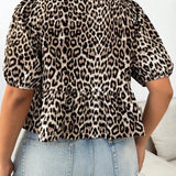 Camisa de a grande con estampado de leopardo para mujer con decoracion de lazo, escote redondo, mangas cortas estilo globo y dobladillo con volantes, para verano