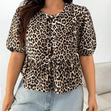 Camisa de a grande con estampado de leopardo para mujer con decoracion de lazo, escote redondo, mangas cortas estilo globo y dobladillo con volantes, para verano