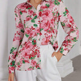 Camisa casual con botones de manga larga con estampado floral al azar