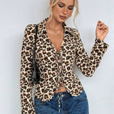 Camisa de manga larga con estampado de leopardo y lazo para mujer con estilo europeo y americano