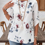 EMERY ROSE Camisa casual de mujer con estampado floral, cuello redondo y mangas enrolladas