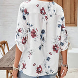 EMERY ROSE Camisa casual de mujer con estampado floral, cuello redondo y mangas enrolladas