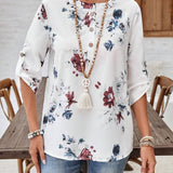 EMERY ROSE Camisa casual de mujer con estampado floral, cuello redondo y mangas enrolladas