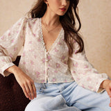 Camisa con cuello en V para mujer con encaje en el borde y botones, mangas largas, estampado floral, elegante y encantadora