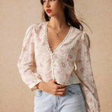 Camisa con cuello en V para mujer con encaje en el borde y botones, mangas largas, estampado floral, elegante y encantadora