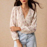 Camisa con cuello en V para mujer con encaje en el borde y botones, mangas largas, estampado floral, elegante y encantadora