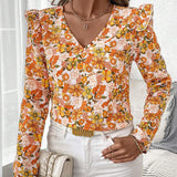 Blusa de manga larga con cuello en V de estilo vintage con estampado floral naranja para mujer, perfecta para uso diario, trabajo, citas y atuendos de maestra en primavera, otono e invierno