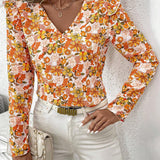 Blusa de manga larga con cuello en V de estilo vintage con estampado floral naranja para mujer, perfecta para uso diario, trabajo, citas y atuendos de maestra en primavera, otono e invierno