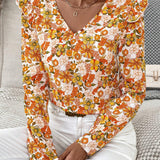 Blusa de manga larga con cuello en V de estilo vintage con estampado floral naranja para mujer, perfecta para uso diario, trabajo, citas y atuendos de maestra en primavera, otono e invierno