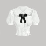 Blusa blanca de trabajo para mujeres con aplicacion de encaje hueco en la parte delantera, con lazo, ropa de regreso a la escuela, camisa para maestras